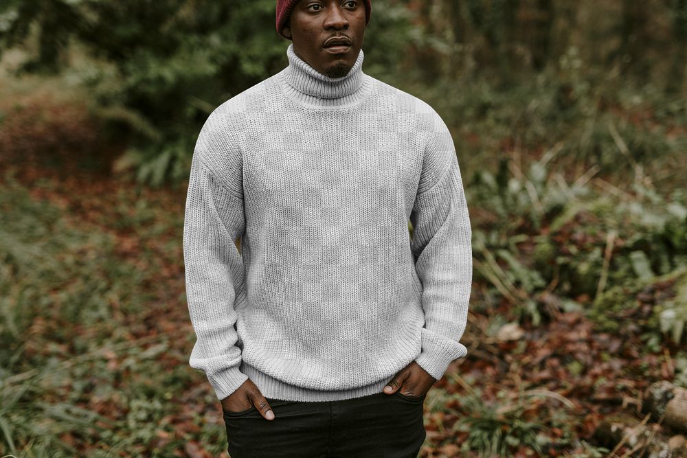Turtleneck sweater png mockup, men's autumn outfits design, man in forest