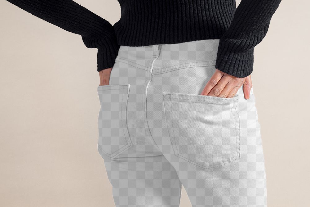 PNG jeans mockup transparent, rear view, women's apparel fashion design