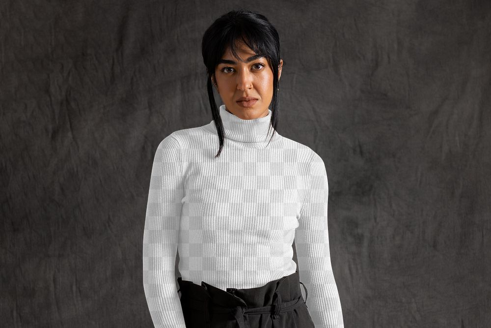 PNG turtleneck sweater mockup transparent, women's autumn apparel fashion design