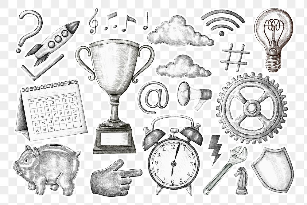 Png grayscale hand drawn cartoon icon collection