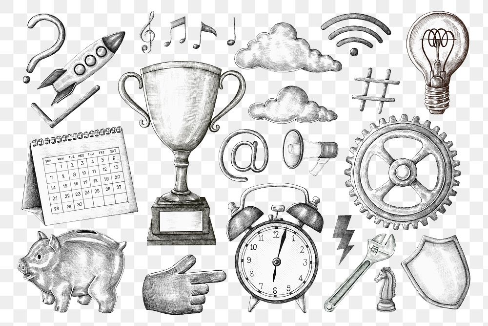 Png business objects clipart set black and white