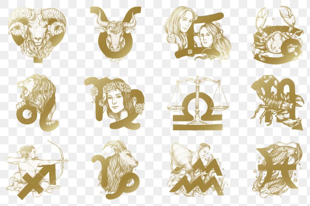 Png gold zodiac signs sticker astrological symbol