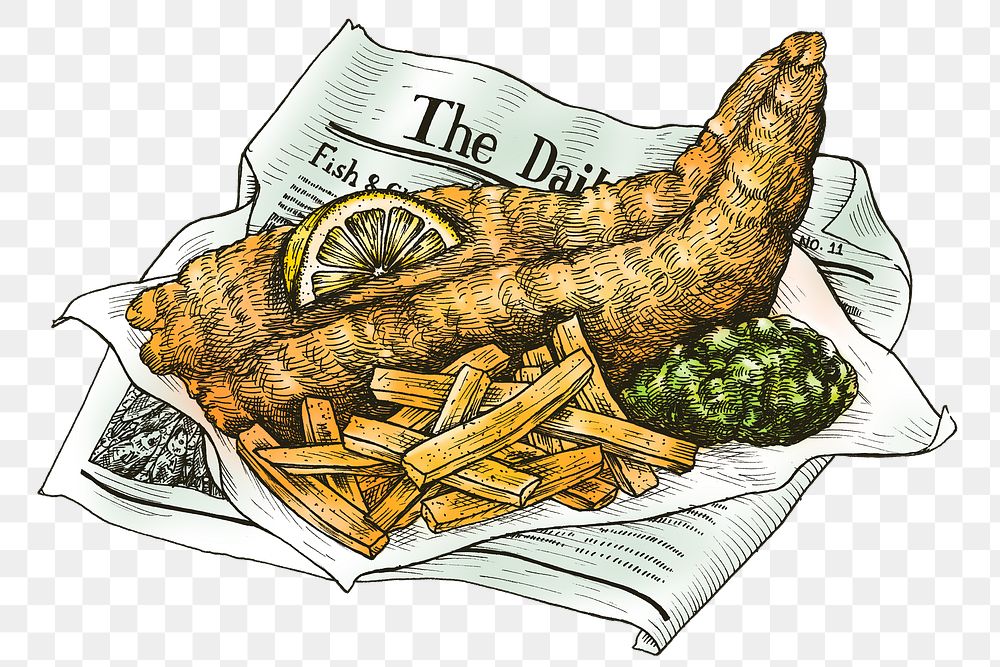 Fish and chips transparent png hand drawn sticker