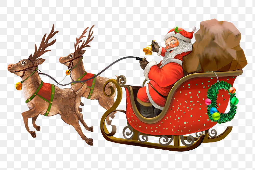 Christmas png sticker, Santa Claus riding a sleigh delivering presents