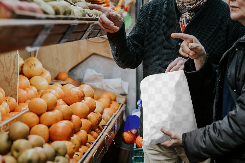 Paper bag png mockup, supermarket fruits shopping, transparent design 