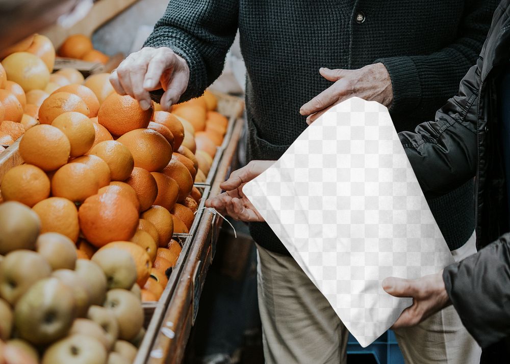 Paper bag png mockup, supermarket fruits shopping, transparent design 