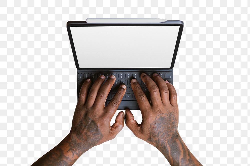 Png man using tablet sticker, transparent background