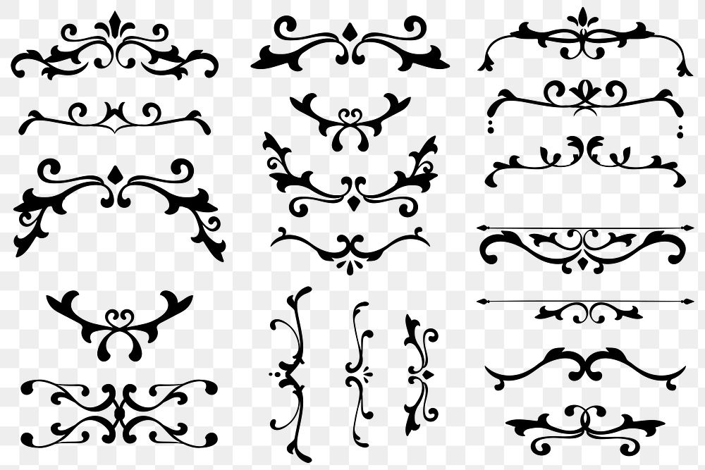 Luxury black flourish ornament png badge sticker set
