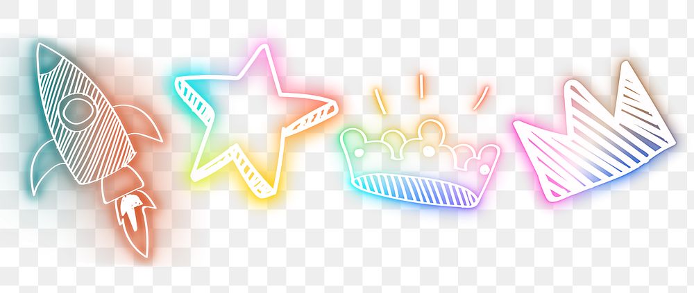 Png rainbow doodle glow neon icon element set