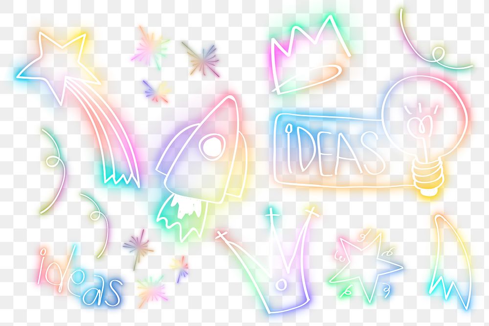 Png colorful doodle glow neon icon element set