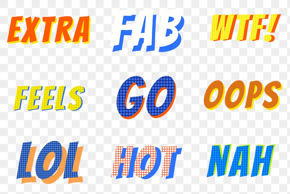 Png text funky colorful slang words set