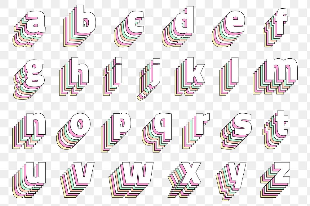 Layered transparent alphabet pastel set stylized typography