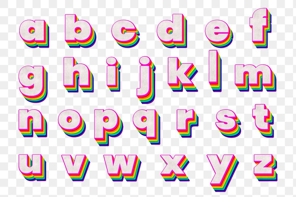 Layered A-Z alphabet png set lowercase letters rainbow font