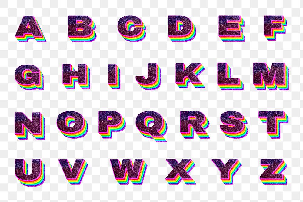 Layered rainbow glitter alphabet png set uppercase letter font