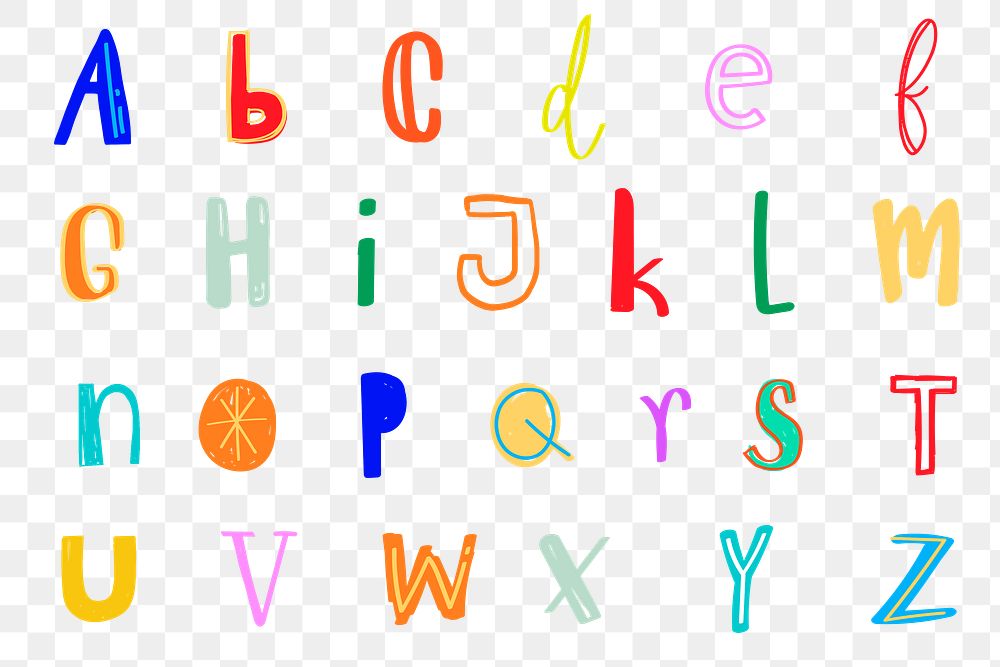 Letter png font doodle style colorful set