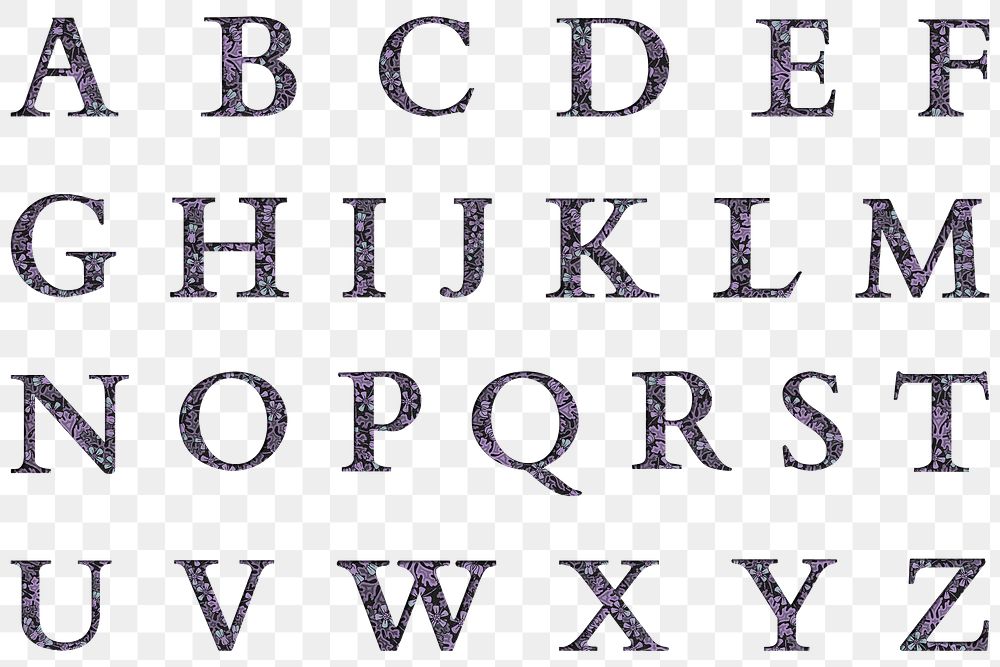 Floral font alphabet png set purple flower pattern upper case letter