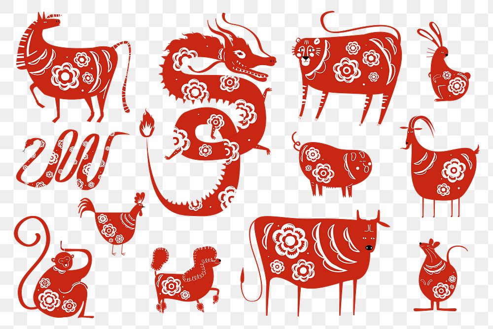 Red Chinese zodiac animals png transparent collection