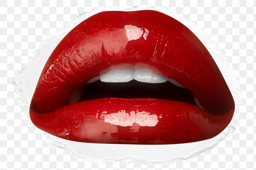 Png red lips closeup ripped paper sticker