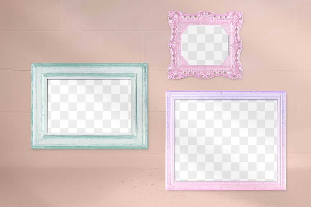 Photo frame PNG mockup, wall decor set in pastel
