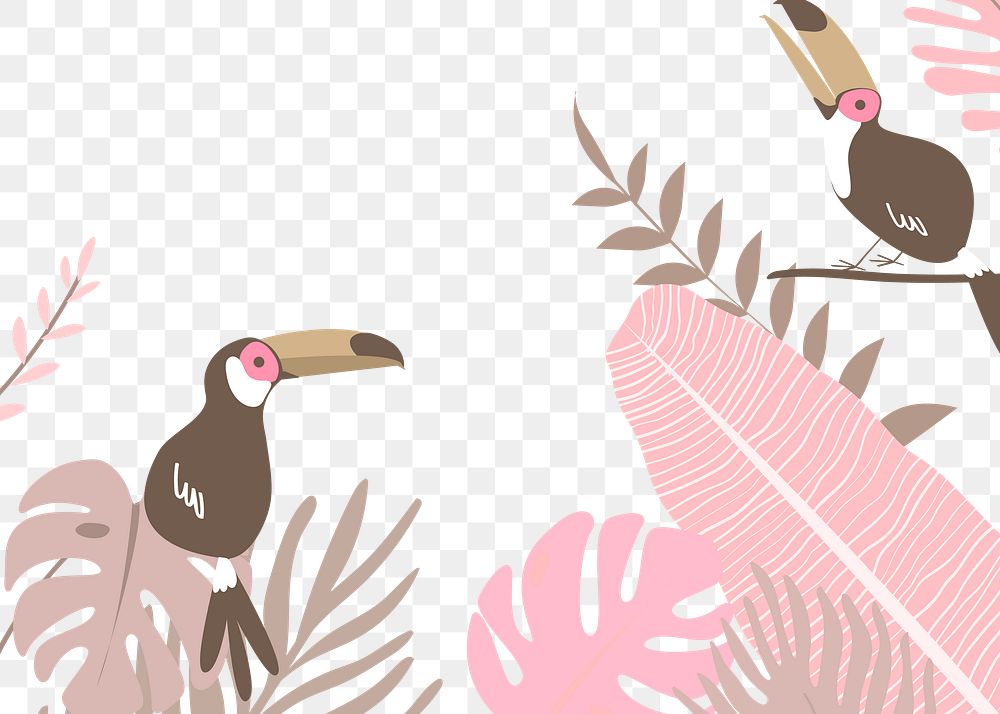 Pink botanical border png, aesthetic tropical toucans and leaves on transparent background