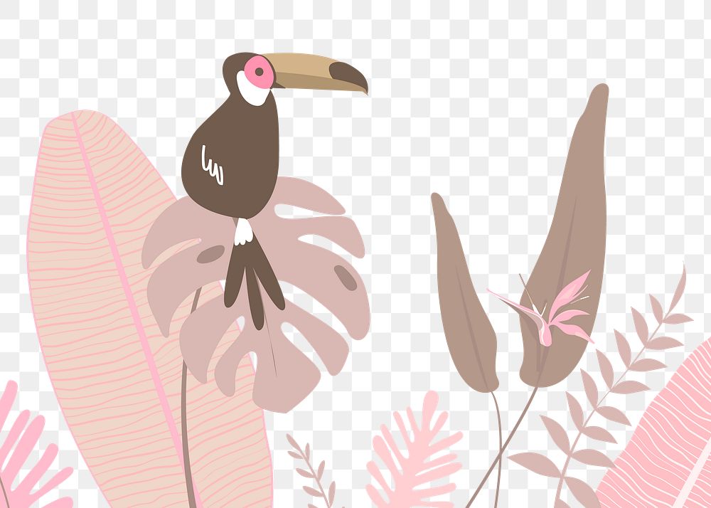 Pink botanical border png, aesthetic tropical toucan and leaves on transparent background
