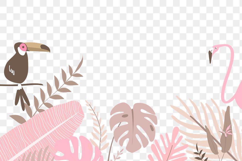 Pink botanical border png, pink tropical leaves and flamingo and toucan birds graphic element on transparent background