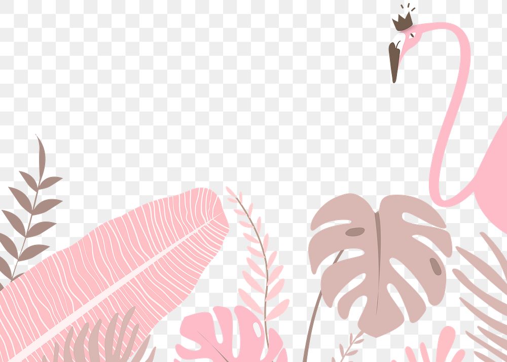 Flamingo botanical border png clip art, pink  tropical leaves and bird graphic element on transparent background