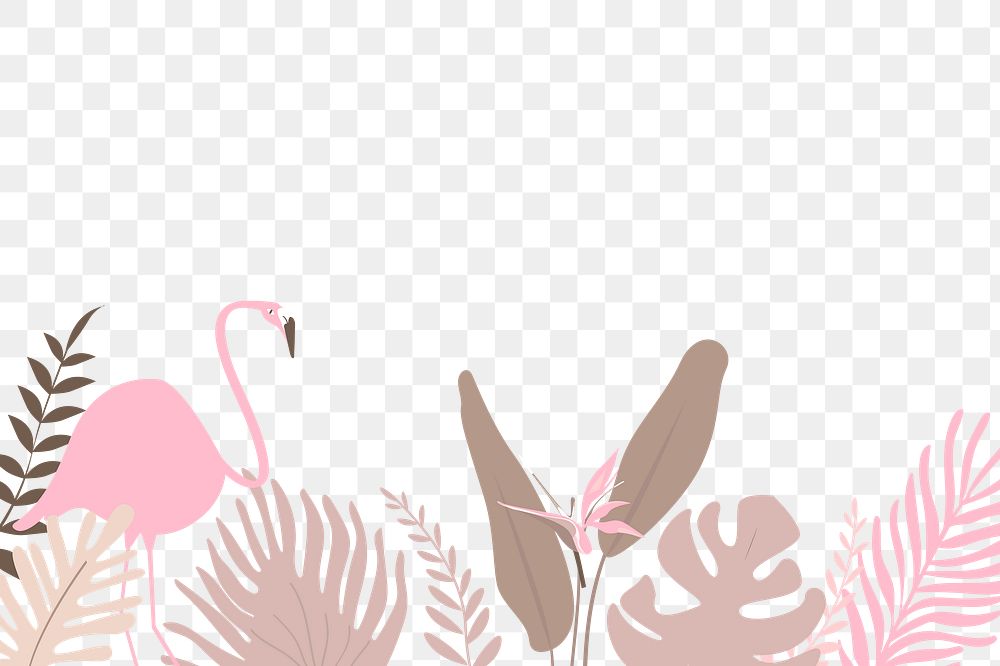 Flamingo botanical border png clip art, pink  tropical leaves and bird graphic element on transparent background