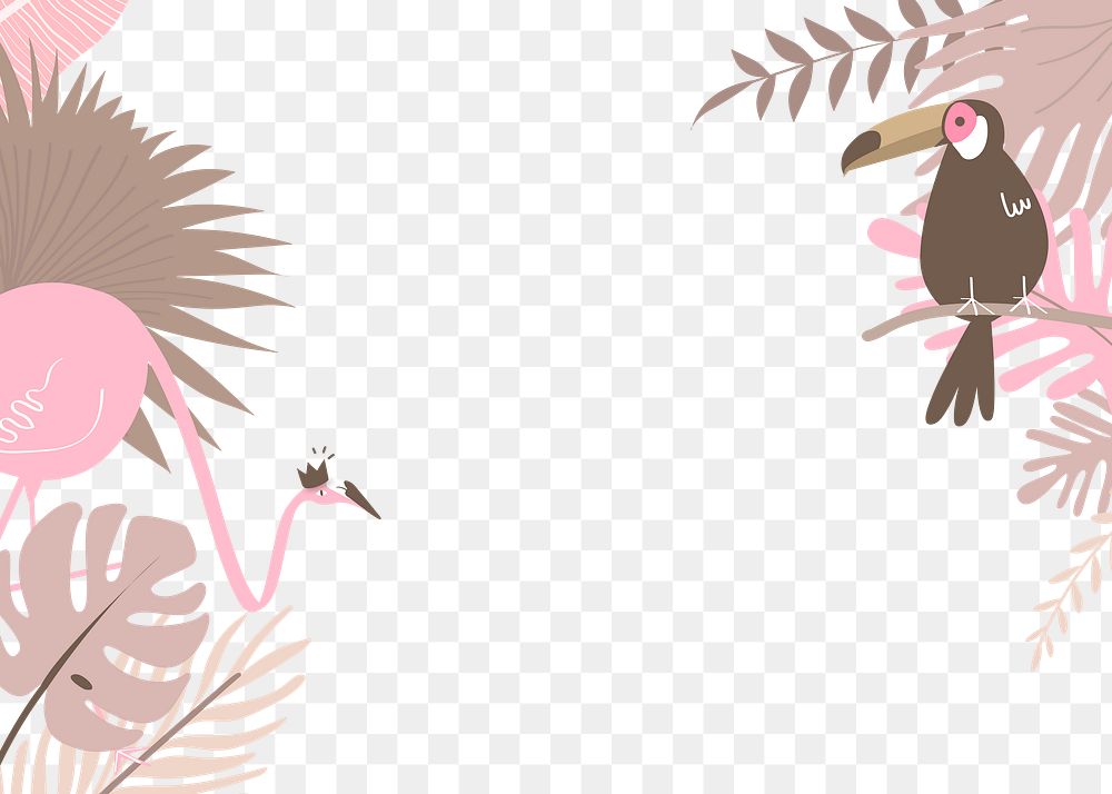 Png pink tropical border png with flamingo, leaves, and toucan birds graphic element on transparent background