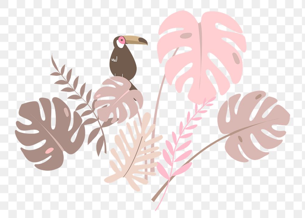 Pink botanical png clip art, aesthetic tropical graphic element with toucan and leaves on transparent background 