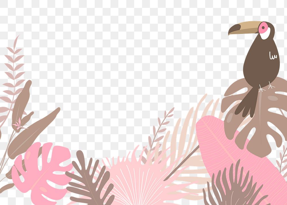Pink botanical border png, aesthetic tropical frame with toucan, transparent background 