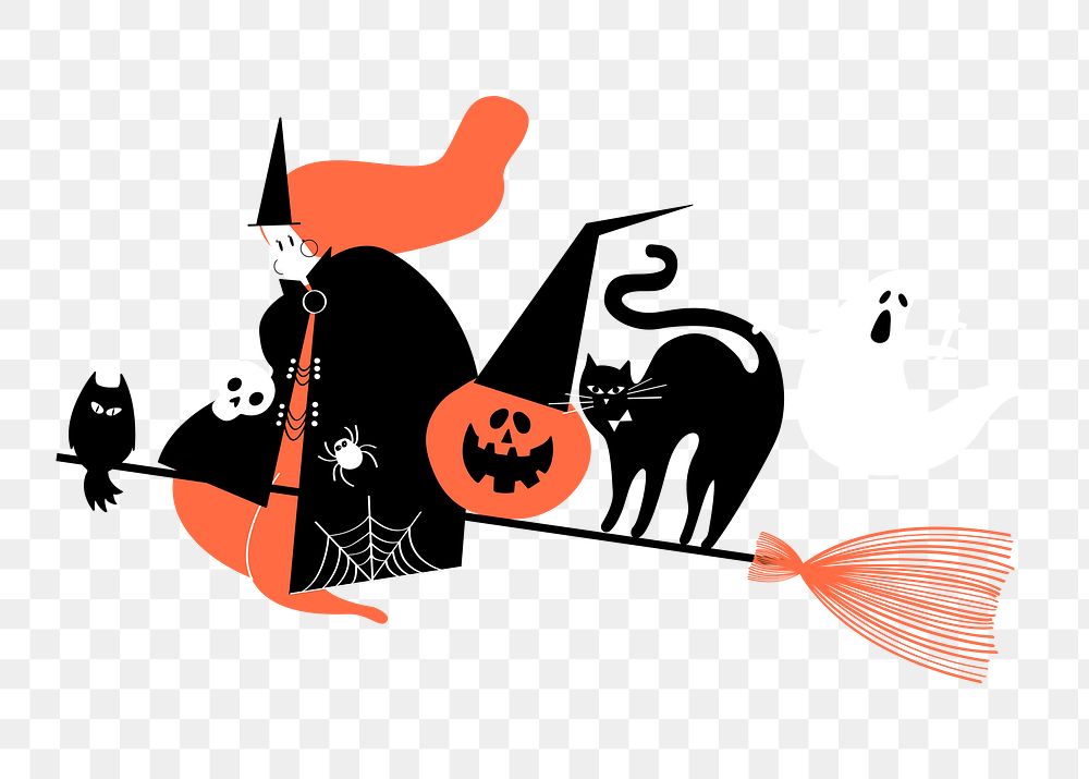 Halloween witch png sticker, flying on broomstick doodle on transparent background 