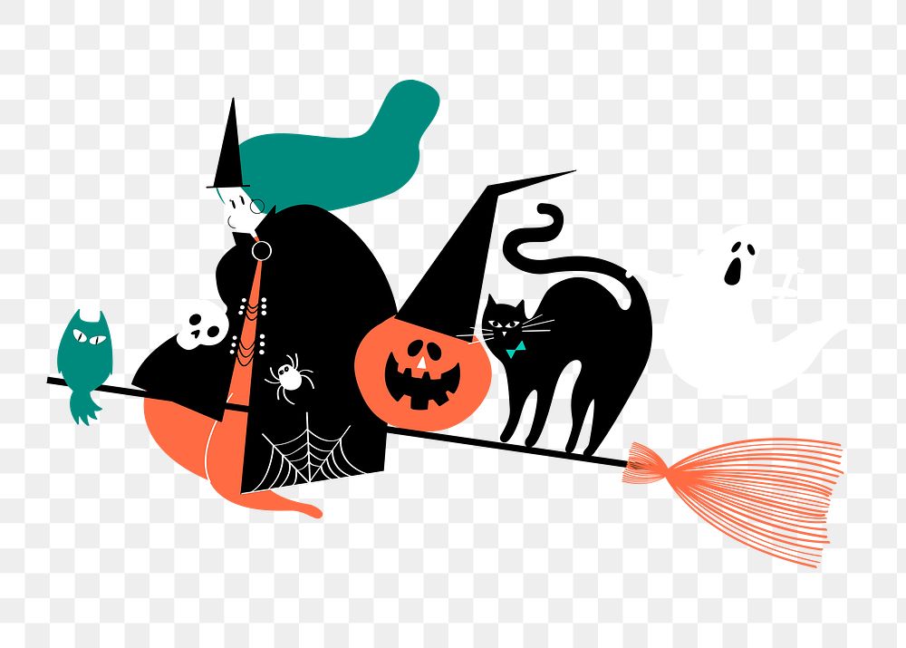 Halloween witch png sticker, flying on broomstick doodle on transparent background 