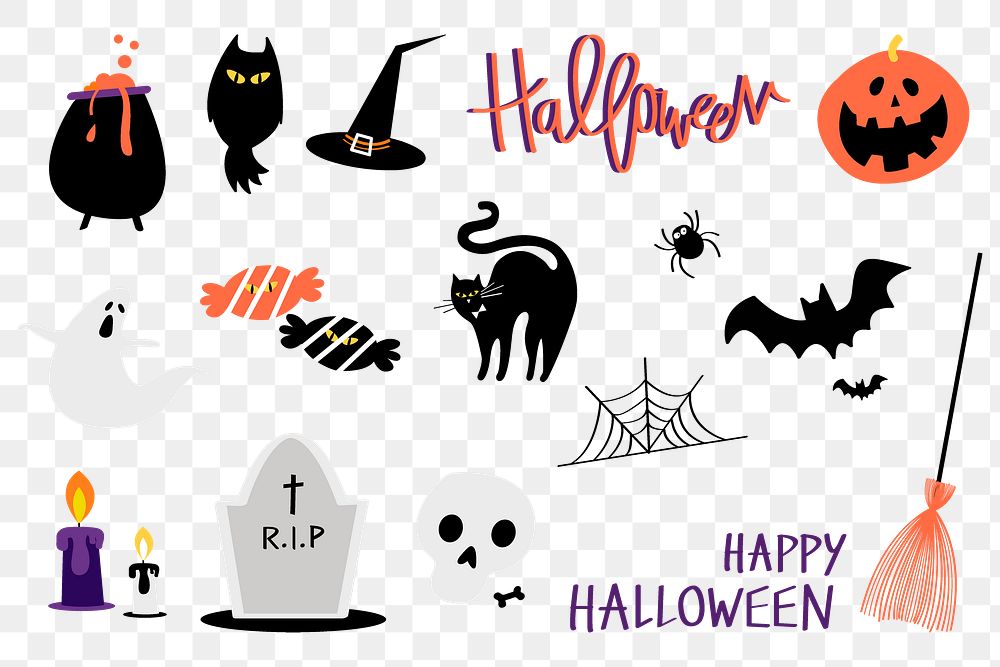 Halloween doodle png sticker set, spooky season celebration set on transparent background