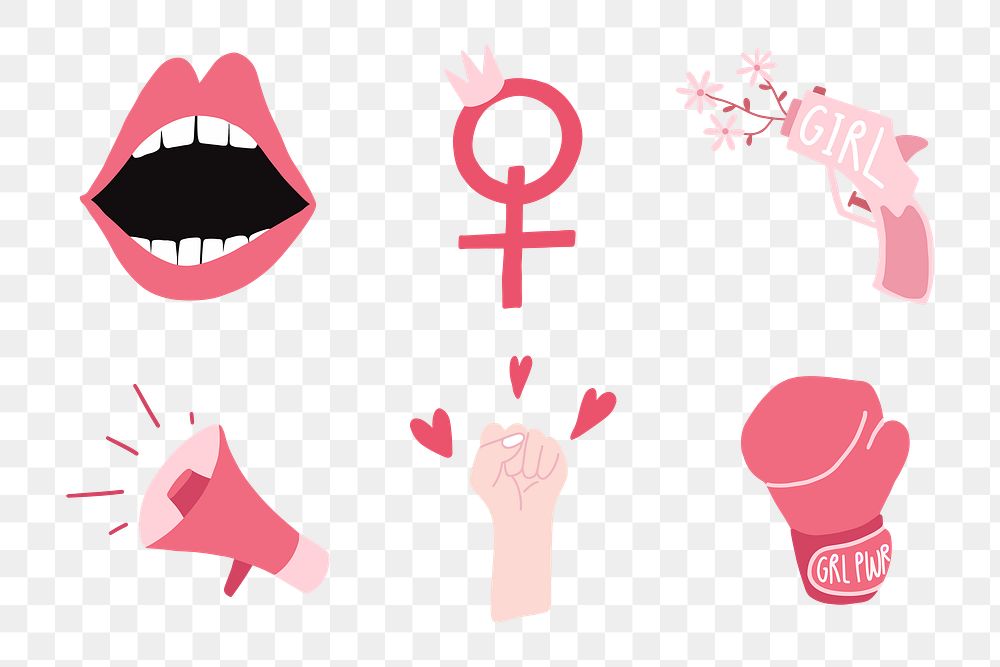 Feminism png sticker, girl power illustration set, transparent background