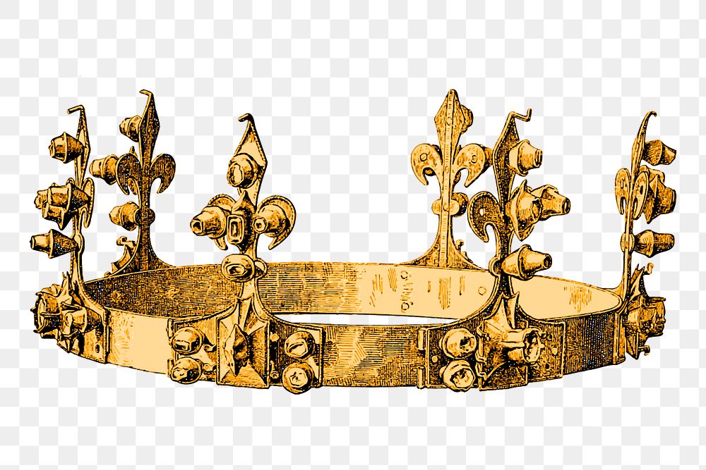 Royal gold crown png sticker vintage illustration, transparent background. Free public domain CC0 image.