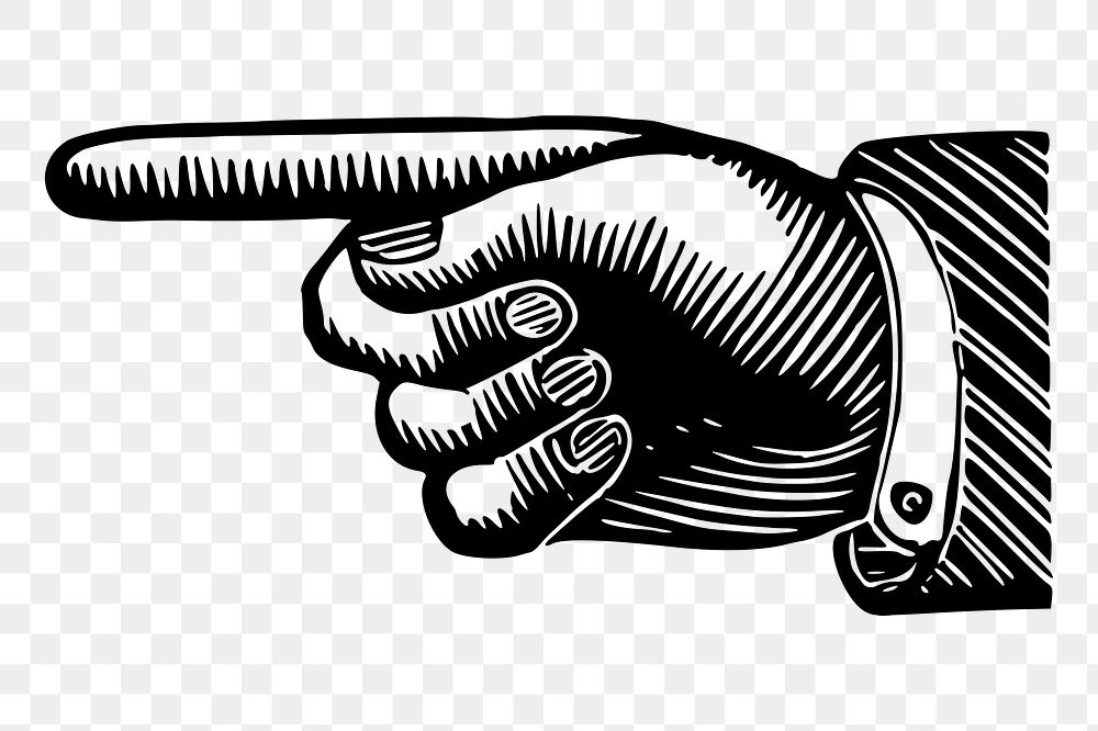 Pointing finger hand png sticker vintage drawing, transparent background. Free public domain CC0 image.