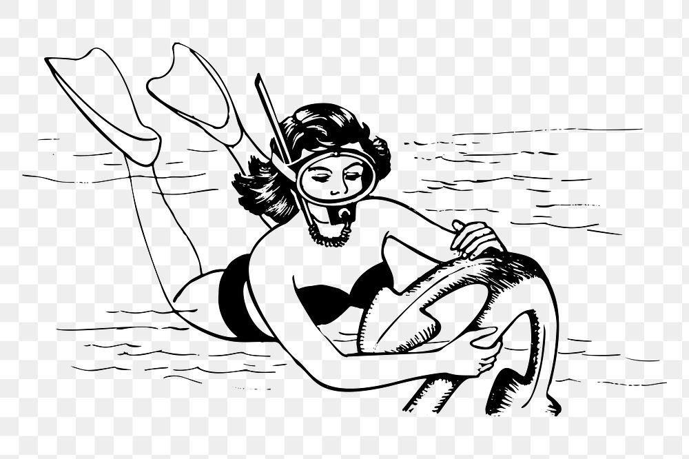Png Woman scuba diving clipart, vintage illustration, transparent background. Free public domain CC0 image.