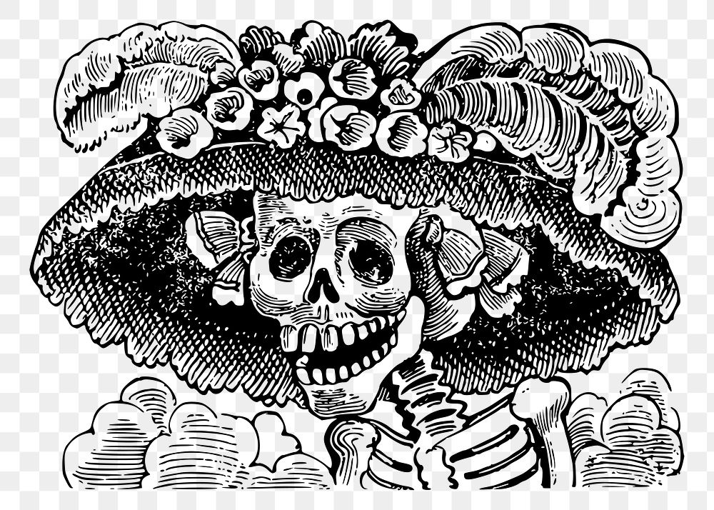 Png Day of Death sticker, La Calavera Catrina illustration, transparent background. Free public domain CC0 image.