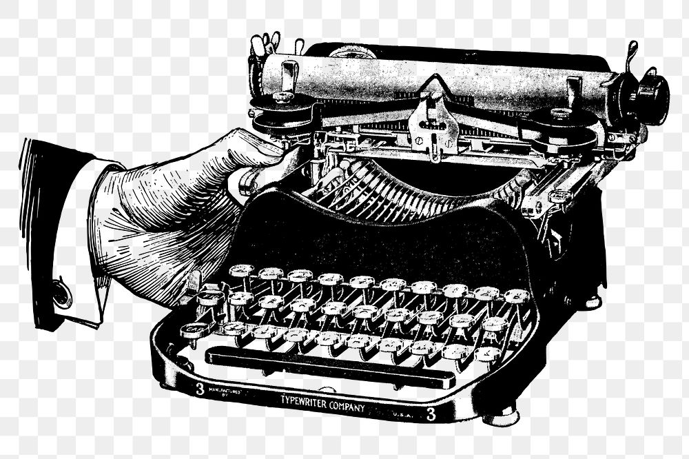Typewriter png sticker, black and white illustration, transparent background. Free public domain CC0 image.