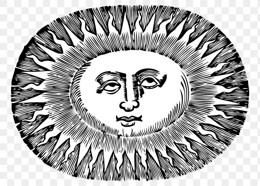 Oval sun png sticker,  black and white illustration, transparent background. Free public domain CC0 image.
