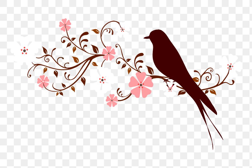 Floral bird png sticker animal silhouette, transparent background. Free public domain CC0 image.