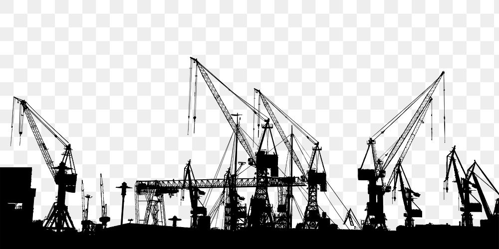 Dock cranes png silhouette border, transparent background. Free public domain CC0 image.