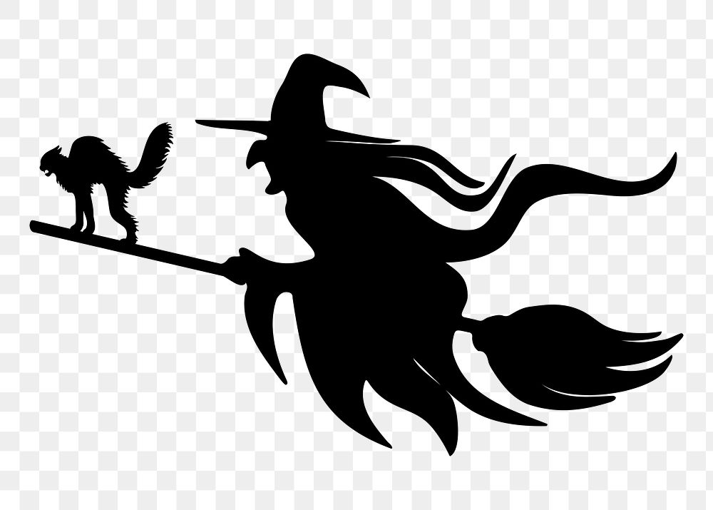 Flying witch png Halloween silhouette, transparent background. Free public domain CC0 image.