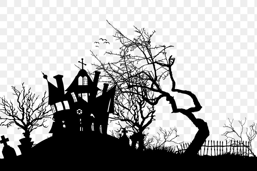 Haunted house png sticker Halloween silhouette, transparent background. Free public domain CC0 image.
