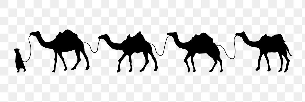 Camel train png border animal silhouette, transparent background. Free public domain CC0 image.