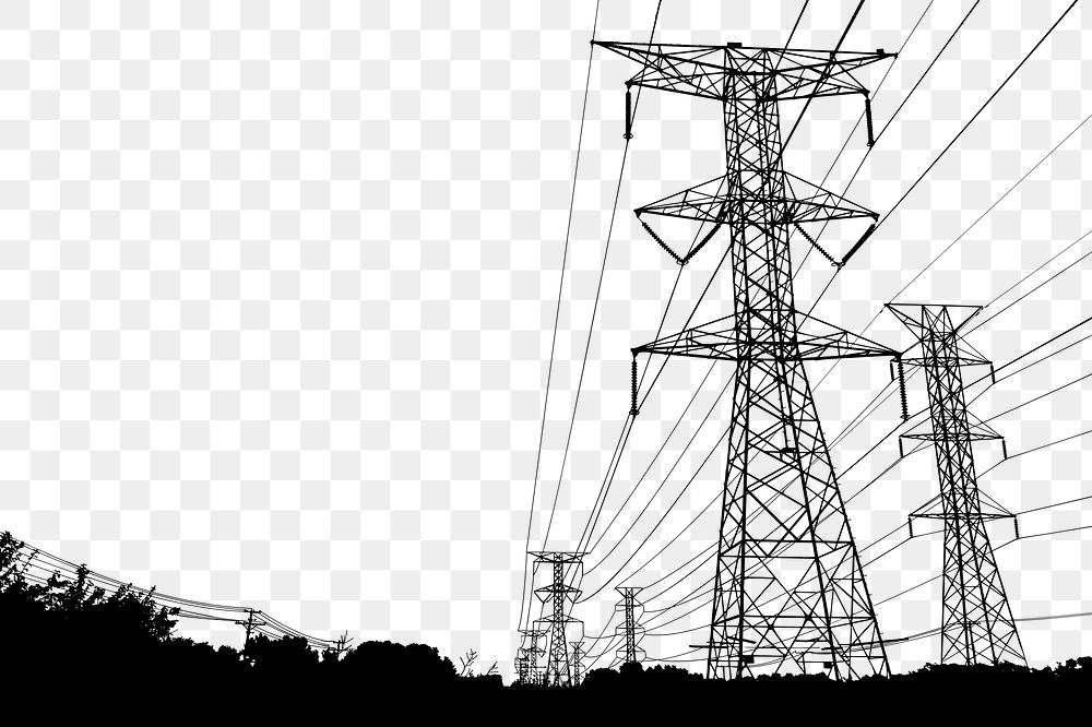 Transmission tower png silhouette, transparent background. Free public domain CC0 image.