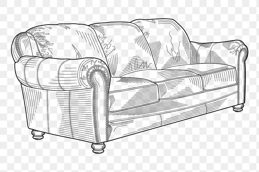 Three seat sofa png sticker, furniture hand drawn illustration, transparent background. Free public domain CC0 image.