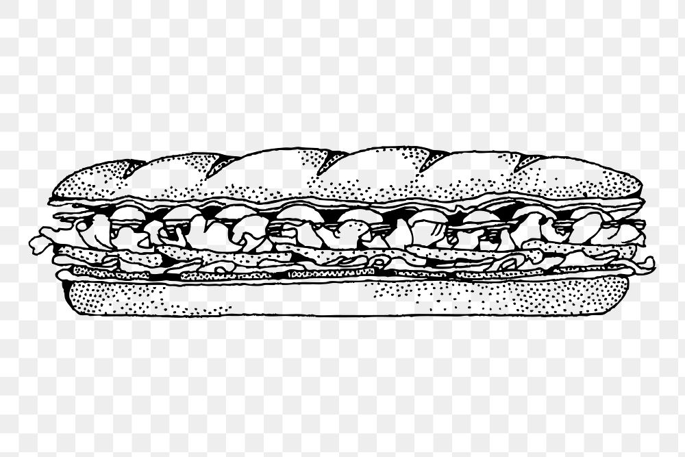 Baguette sandwich png sticker, food hand drawn illustration, transparent background. Free public domain CC0 image.