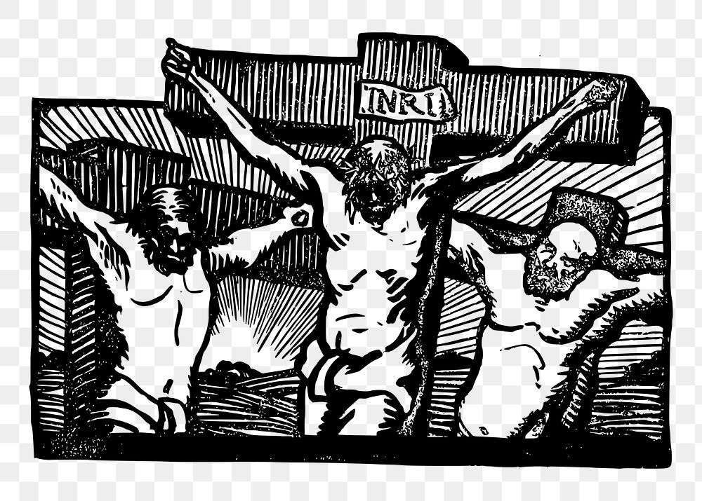 Crucified Christ png, vintage religious illustration, transparent background. Free public domain CC0 image.